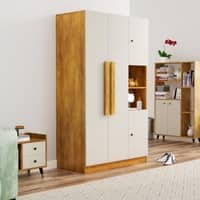 Hexa Red Wooden 4 Door Wardrobe with Hanging Space in Giant Wood and Frosty White Colour