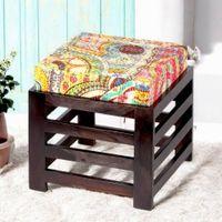 Houston Sheesham Wood Stool in Mahogany Finish & Multi Colour Israel Print Kantha fabric Cushion
