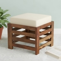 Houston Sheesham Wood Contemporary Stool in Jute White, Natural Teak Finish