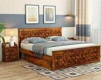 Moglis Solid Wood Queen  Size Bed With Drawer Storage Bed In Honey Oak Finish