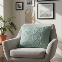 Cable Moss Dull Blue Cotton Cushion Cover 16X16  Inches