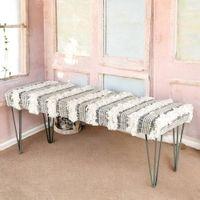 Belmont Sheesham Wood Mid Century 3 Seater Bench With Metal Legs In Grey Fabric