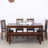 Iron jali Sheesham Wood 6 Seater dining set with Bench In Provincial Teak Finish