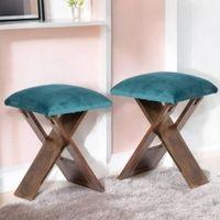 Dayton Sheesham Wood Accent Square Set of 2   Stools in Turquoise Sea Velvet Upholstery