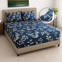 Fara Blue Floral 250 TC Glaze Cotton Fitted Queen Size Bedsheet with 2 Pillow Covers – Threads