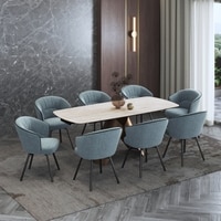 Aeris Ceramic 6 To 8 Seater Extendable Dining Table With 6  Calix Dining Chairs (Finish : Rome Travertine, Chair Colour : Powder Blue)