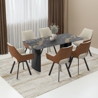 Rosen 6 Seater Ceramic Dining Table With 6 Casey Swivel Dining Chairs (Finish : Black, Chair Colour : Beige - Tan)