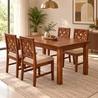 Globally Indian Jaalika Solid Sheesham Wood 4 Seater Dining Table Set 4 Chairs Beige