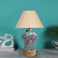 Devansh Conical  Beige Jute Shade  Lamp With  Wood & Mosaicglass Base For Decoration /Office/Home/Gifting/Study For Decoration /Office/Home/Gifting/Study -(10X10X14.5) Inches -
