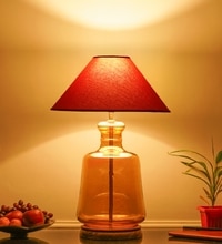 Paola  Amber Glass And Wood Table Lamp With Maroon Cotton Shade