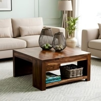 Wayne Sheesham Wood Contemporary Square Coffee Table In Teak Finish