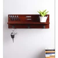 MDF Wood Wall Shelf with 3 Key Hooks in Brown Colour