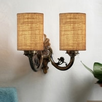 Devansh Metal Electric Wall Light in Antique Gold Colour with Beige Shade Count of 2 Lights