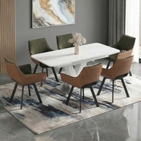 Caribu 4 to 6 extendable dining table, Finish - White marble color High Gloss with set of 6 Casey Swivel Dining Chair in Dual Tone