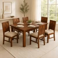 Globally Indian Aarya Solid Sheesham Wood 6 Seater Dining Table Set 6 Chairs Beige