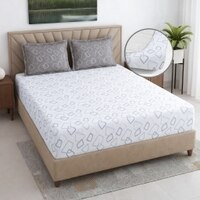 White And Grey  Geometric Cotton  400 Tc  Fitted  Double Queen Size Bedsheet With 2 Pillow Covers