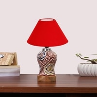 Devansh Conical Red Cotton Shade Lamp With Wood & Mosaic Glass Base For Decoration/Office/Home/Gifting/Study For Decoration/Office/Home/Gifting/Study -(10X10X14.5) Inches -A