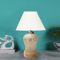 Devansh Off-White Knife Pleated Cotton  Shade  Lamp With  Wood & Mosaic Glass Base For Decoration /Office/Home/Gifting/Study For Office/Home/Gifting -(12X12X16) Inches -