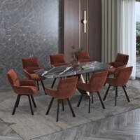 Aeris Ceramic 6 To 8 Seater Extendable Dining Table With 6  Bren Dining Chairs (Finish : Black Jade, Chair Colour : Auburn)