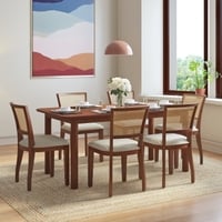 Dane Solid Wood Dining Table 6 Seater with 6 Reed Cane Dining Chairs (Finish: Honey, Colour: Macadamia Brown)