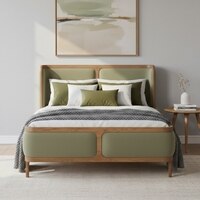 Valerio Duo-Panel Luxe Queen Size Bed in Green colour Velvet with Oak wood Frame