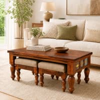 Rangrez Sheesham Wood Nesting Coffee Table in Honey Oak Finish with Cushioned Stools by Mudramark