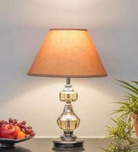 Bompton Nickel Finish Metal And Smoke Crystal Table Lamp With Beige Cotton Shade