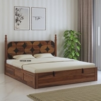 Rustic Sheesham Wood King Size Bed With Hydraulic Storage In Provincial Teak Finish