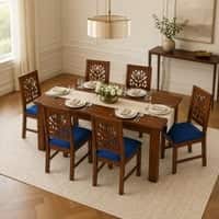 Globally Indian Vayuna Solid Sheesham Wood 6 Seater Dining Table Set 6 Chairs Navy Blue