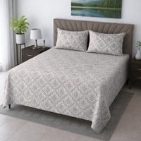 Timo White & Green Floral 400 TC Cotton Flat Queen Size Bedsheet with 2 Pillow Covers – Threads