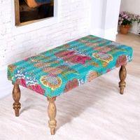 Bestone Solid Wood Bench In Floral Print Green Kantha Fabric