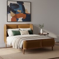 Valerio Duo-Panel Luxe Queen Size Bed in Mustard colour Velvet with Oak wood Frame