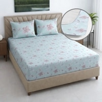 Saanvi Green Shade Floral 400 TC Cotton Fitted Double Queen Size Bedsheet with 2 Pillow Covers – Threads