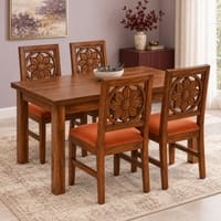Globally Indian Surya Solid Sheesham Wood 4 Seater Dining Table Set 4 Chairs Terracotta Orange