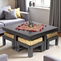 Blane Sheesham Wood Accent Coffee Table Set With 4 Stools In Extra Dark Mahagony Finish With Green Sparkle Velvet Cushions