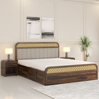 Floral Solid Wood Queen Size Hydrulic Storage Bed In Provincial Teak Finish Beige 60x78 inch