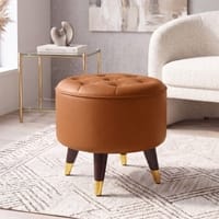 Rene Tuffed Pouffee In Mango Walnut Finish with Nappa Tan Leatherette Colour