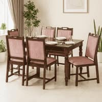 Globally Indian Compact Wooden 6 Seater Dining Table Set – Comfortable 6 Upholstered Seat and Back In Pink Sapphire