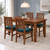 Globally Indian Bandhana Solid Sheesham Wood 4 Seater Dining Table Set 4 Chairs Teal Green