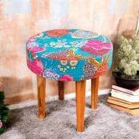 Nayla Solid Wood Stool in Sea Green Fruit Print fabric