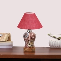 Devansh Conical Pink Jute Shade Lamp With Wood & Mosaic Glass Base For Decoration/Office/Home/Gifting/Study For Decoration/Office/Home/Gifting/Study -(10X10X14.5) Inches -A