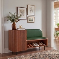 Haven Solid Wood Shoe Cabinet In Honey Finish with Olive leatherette Colour