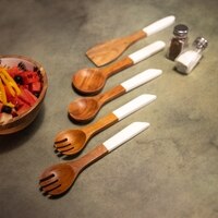 Ireka Homes Ivory Cutlery Set – Acacia Wood Servers with Enamel Handles
