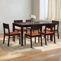 Floyd 6 Seater Dining Table, Glass Top With Set Of 6 Kerry Dining Chairs (Colour- Burnt Orange, Finish- Mahogany)