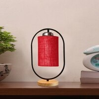 Devansh Maroon Jute Drum   Wooden & Iron Table Lamp -17 Inch Height  -L