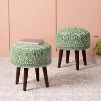 Botanic Fabric Wooden Ottoman in Green Color Set of 2