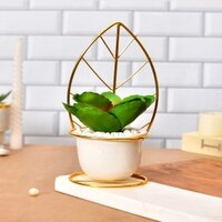 Green Leafy Artificial Plant With White And Gold Ceramic Pot