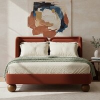 Nobella Opal Queen Size Bed in Orange Velvet with Spherical Legs, Oak Wood Frame & Hydraulic Storage