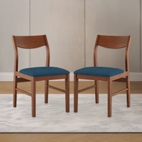 Augusta Solid Wood Dining Chair Set Of 2 In Dark Walnut Finish With Blue Fabric Colour