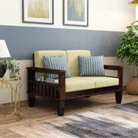 Madhavi 2 Seater Wooden Sofa (Creame Colour, Walnut Finish)